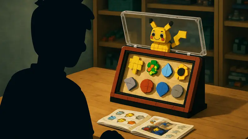 Фанатское воссоздание набора LEGO Pokemon Kanto Gym Badge Collection с инструкциями.