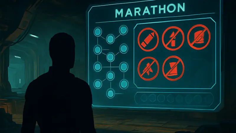 Интерфейс игры Marathon с меню улучшений и пятью красными значками, символизирующими бесполезные апгрейды