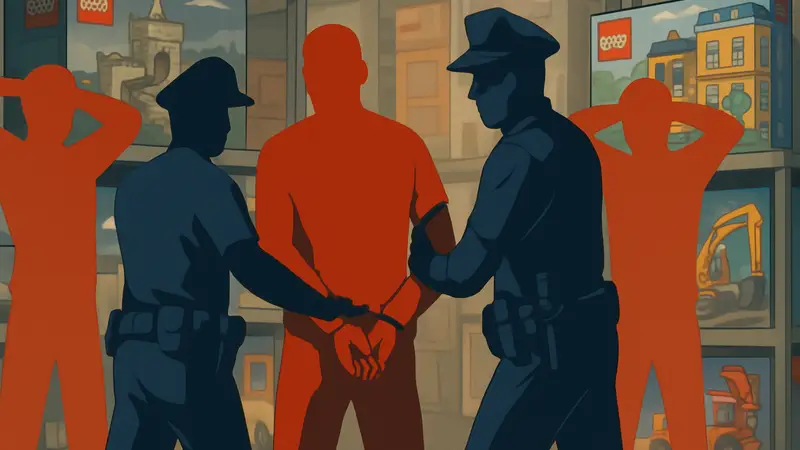 Полицейские арестовывают мужчин на фоне коробок Lego, иллюстрация ограбления Lego