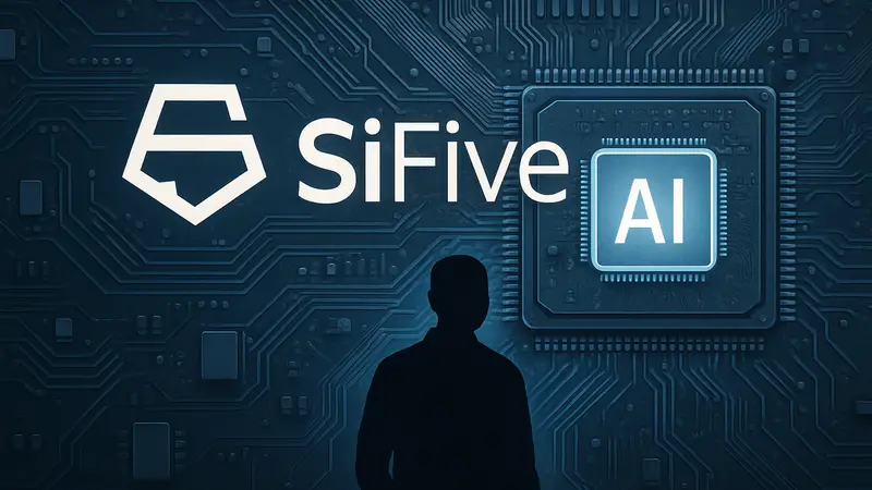 Изображение логотипа SiFive на фоне микросхемы или платы с чипом для ИИ.