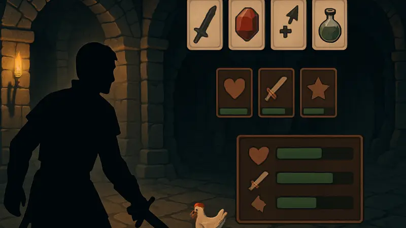 Скриншот игрового процесса Vampire Crawlers с элементами карточной игры и курицей