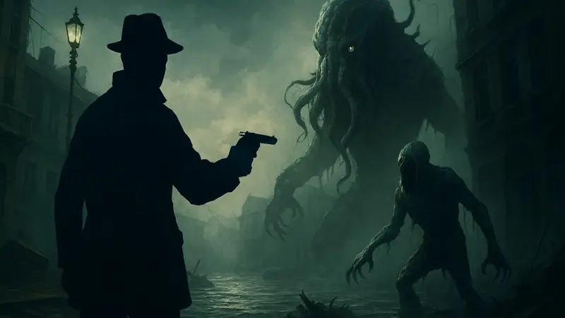 Кадр из игры The Sinking City 2 с элементами survival horror и лавкрафтовскими монстрами