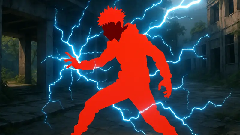 Юдзи Итадори из Jujutsu Kaisen, использующий способность Черная Молния, окруженный вспышками энергии.