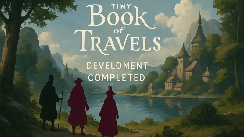 Логотип или арт Tiny MMO Book of Travels с надписью 'разработка завершена'
