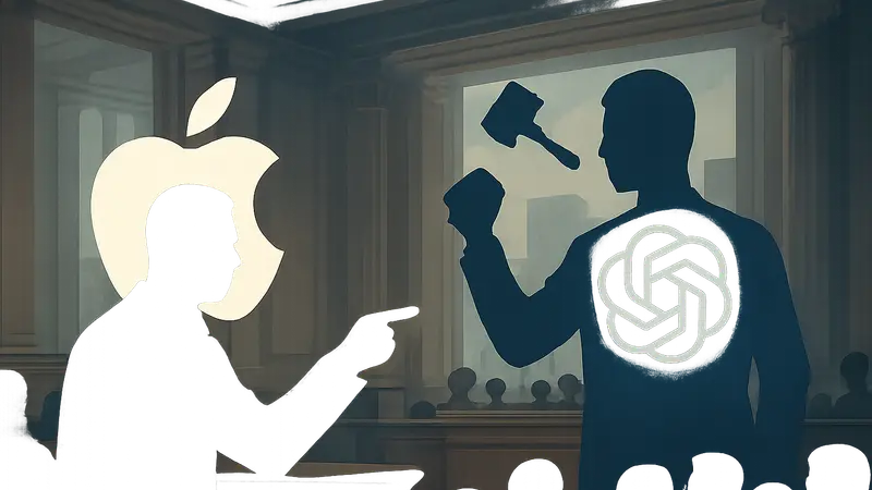 Логотипы Apple и OpenAI, символизирующие судебный иск и борьбу за рынок ИИ и аппаратного обеспечения.