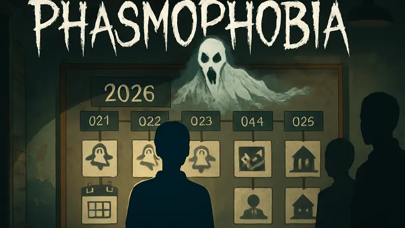 Логотип Phasmophobia с призраком на фоне дорожной карты, анонсирующей планы на 2026 год.