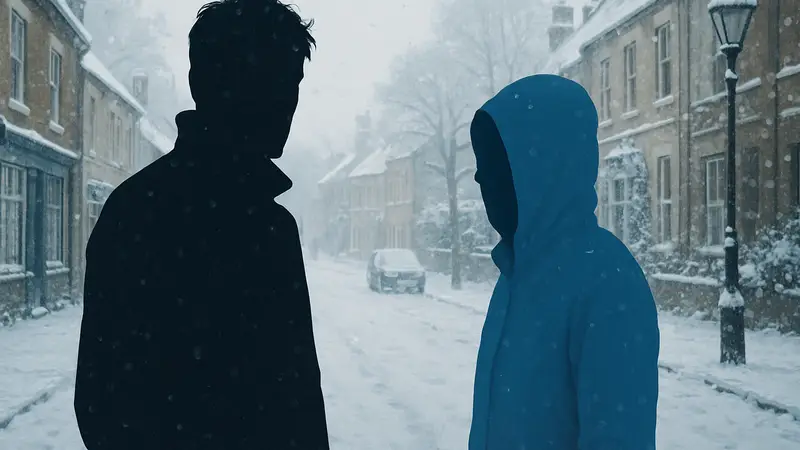 Кадр из эпизода «Белое Рождество» сериала «Чёрное зеркало» с актёрами на фоне заснеженной улицы.