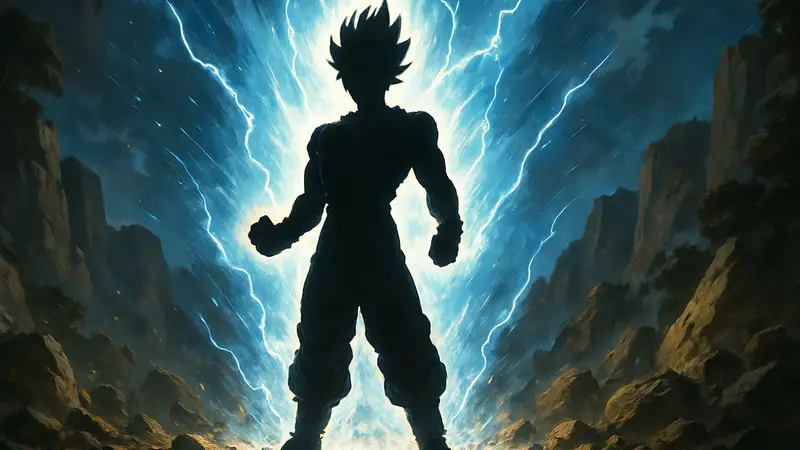 Эпическая трансформация персонажа из Dragon Ball, сияющая энергия, мощный вид