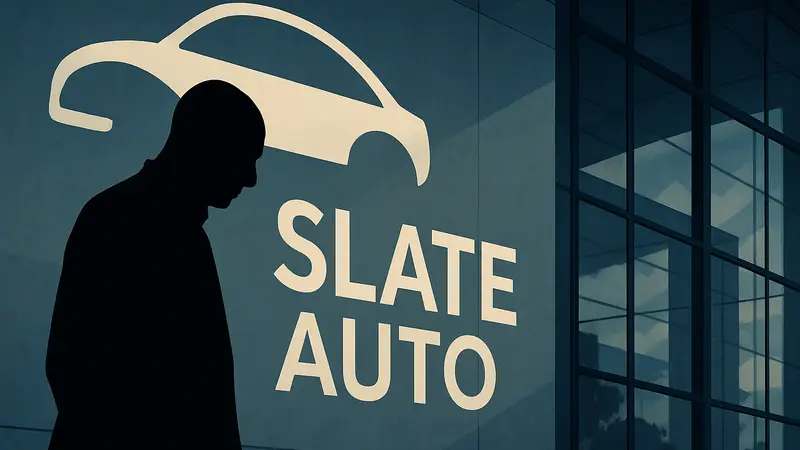Джефф Безос на фоне логотипа Slate Auto, символизирующий изменения в совете директоров