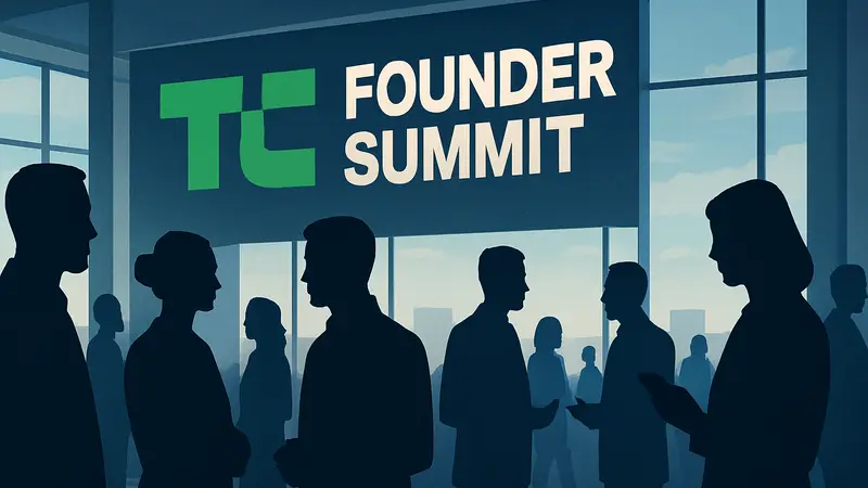 Логотип TechCrunch Founder Summit на фоне силуэтов деловых людей.