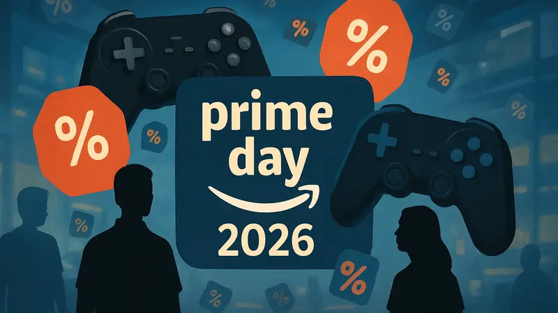 Логотип Amazon Prime Day 2026 с игровыми контроллерами и символами скидок.
