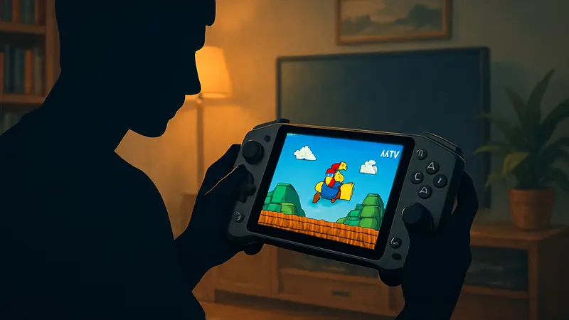 Портативная игровая консоль AYN Thor в руках геймера, играющего в ретро-игру.