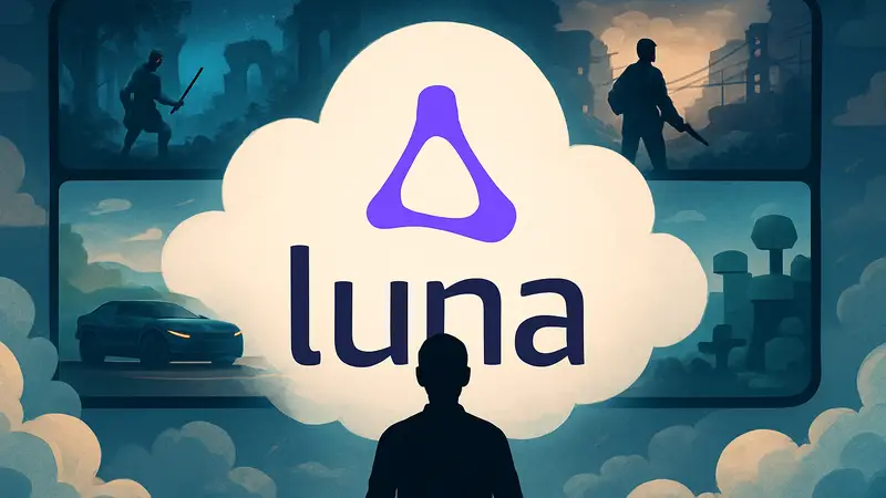 Логотип Amazon Luna на фоне облачного игрового сервиса, символизирующий крупные изменения.