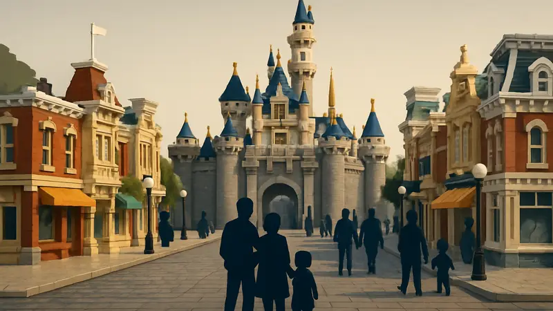 Изображение макета или концепт-арта набора LEGO, изображающего улицу Main Street USA из Диснейленда.