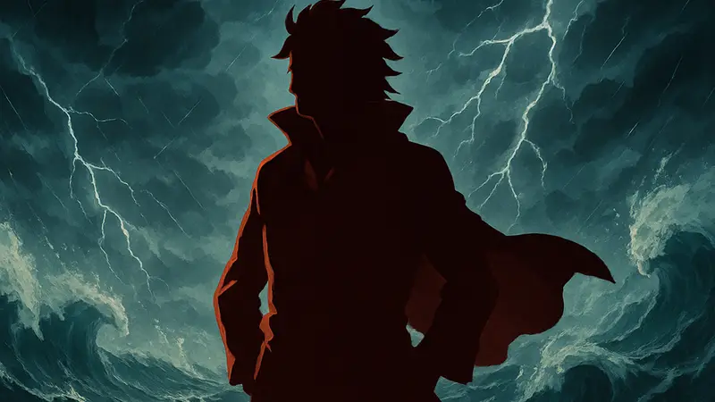 Манки Д. Драгон из One Piece, изображенный на фоне шторма или других стихий, символизирующий силу Дьявольских плодов Логии.