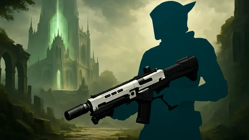 Экзотическое оружие Cull's Shadow в Destiny 2: Monument of Triumph, Страж с оружием на фоне локации