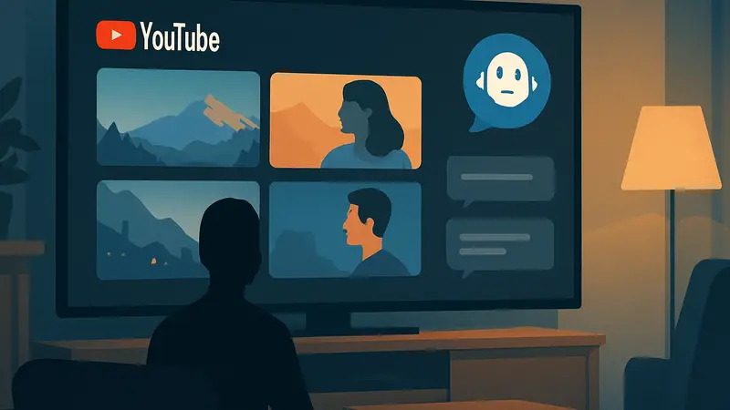 Изображение интерфейса YouTube на смарт-телевизоре с ИИ-помощником и вопросами.