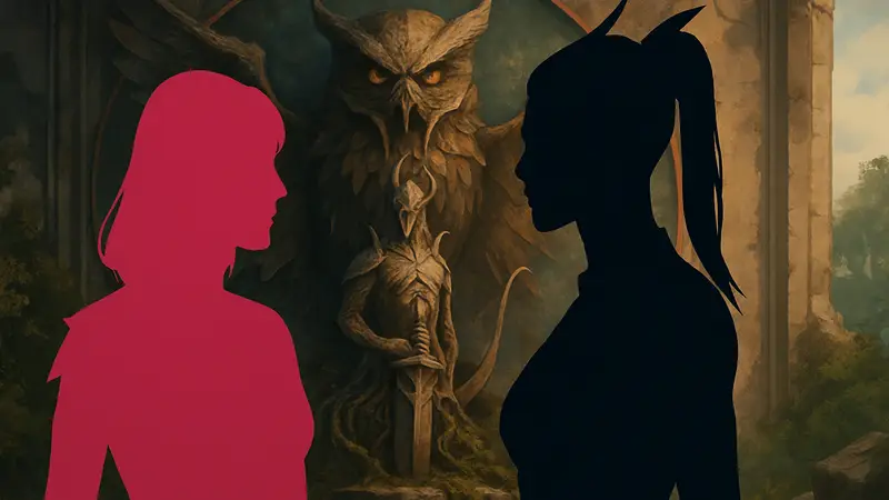 Шэдоухарт и Лаэзель из Baldur's Gate 3 на фоне логотипа Larian Studios.