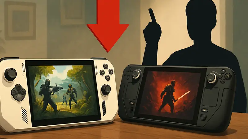 Портативная консоль Asus ROG Ally, лежащая рядом со Steam Deck, демонстрируя снижение цены.