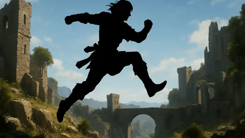 Персонаж Crimson Desert в момент прыжка, демонстрирующая игровую механику "двойной прыжок"