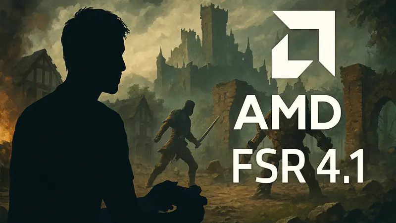 AMD FSR 4.1 логотип на фоне игрового процесса, тестирование апскейлера в играх, графика AMD