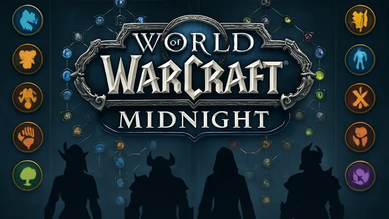 Логотип World of Warcraft: Midnight на фоне интерфейса талантов и иконок различных классов.