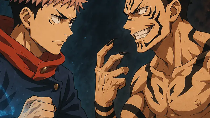 Юдзи Итадори и Дабура, персонажи Jujutsu Kaisen, готовящиеся к битве.