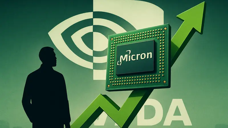 Микросхема памяти Micron на фоне логотипа Nvidia, символизирующая рост на рынке ИИ.