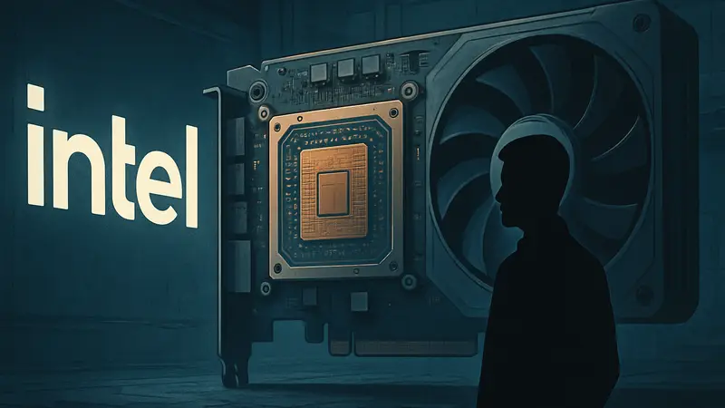 Логотип Intel рядом с изображением графического процессора (GPU).
