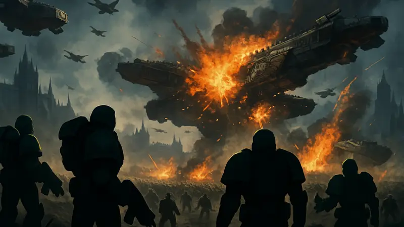 Кадр из игры Total War Warhammer 40k с эпической битвой и взрывами космических кораблей.