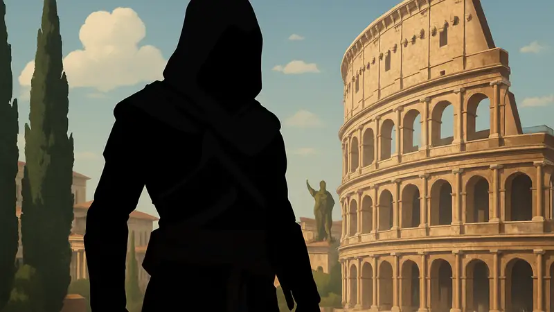 Ассасин из серии Assassin's Creed на фоне Древнего Рима и Колизея в сериале Netflix