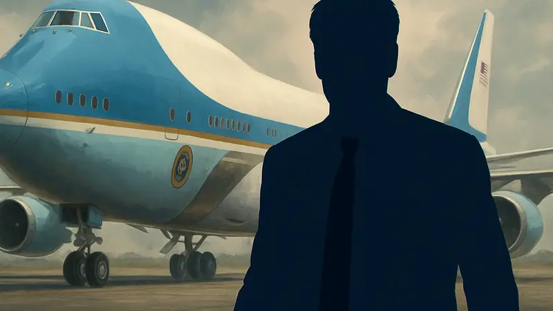 Харрисон Форд в роли президента из фильма «Самолет президента», на фоне самолета