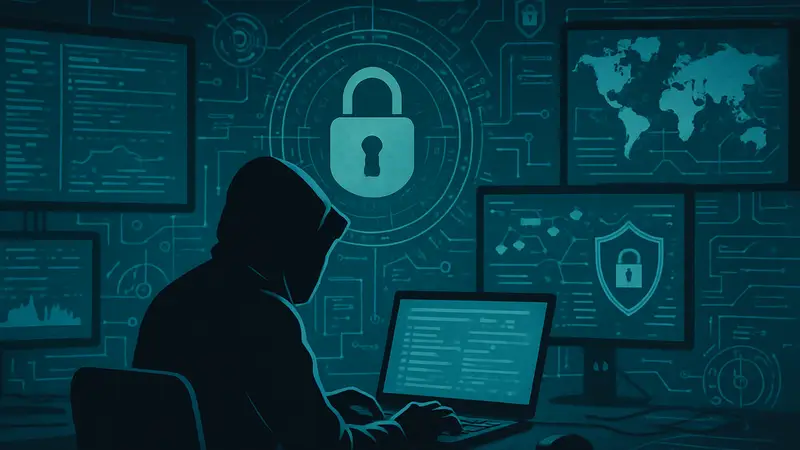 Изображение хакера или скрипт-кидди за компьютером на фоне сложного интерфейса кибербезопасности.