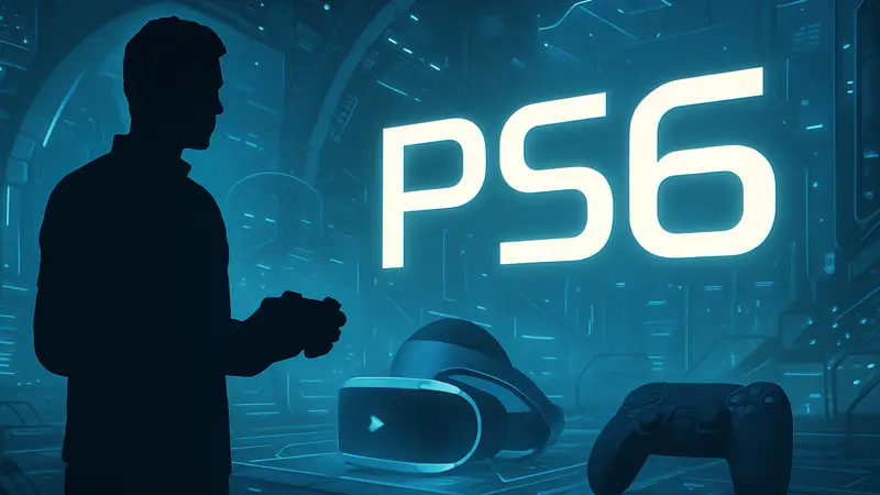 Концептуальное изображение PlayStation 6 или логотип PS6 на фоне футуристических игровых технологий.