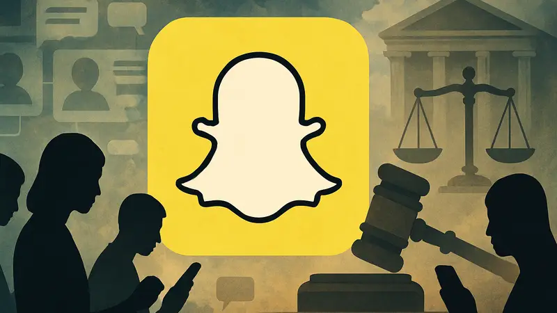 Логотип Snapchat на фоне абстрактных изображений социальной сети и судебной системы