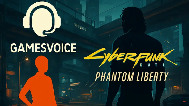Логотип GamesVoice и название дополнения Cyberpunk 2077: Phantom Liberty на фоне