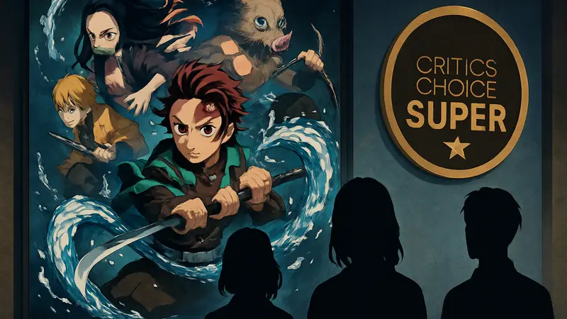 Постер аниме «Истребитель демонов» с логотипом Critics Choice Super Awards на заднем плане.