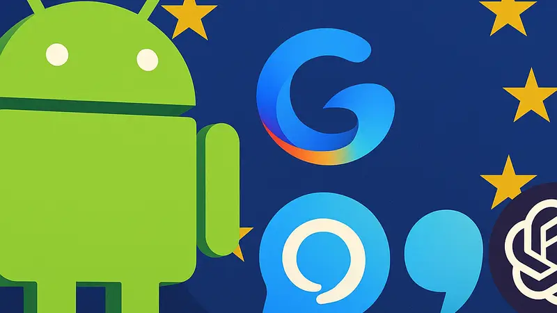 Логотип Android, рядом с ним логотипы Google Gemini и нескольких других AI-ассистентов, символизирующие конкуренцию и новые правила ЕС.