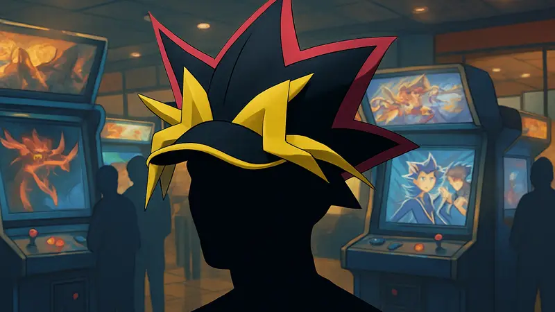 Кепка в виде желто-черной прически Ями Юги из Yu-Gi-Oh!, демонстрируемая на голове.