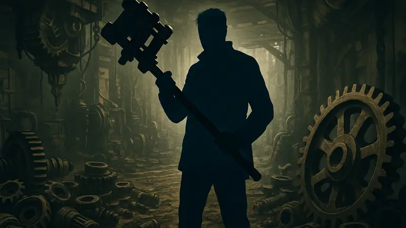 Главный герой Resident Evil Village Итан Уинтерс с Молотом Гейзенберга, окружённый механическими деталями.