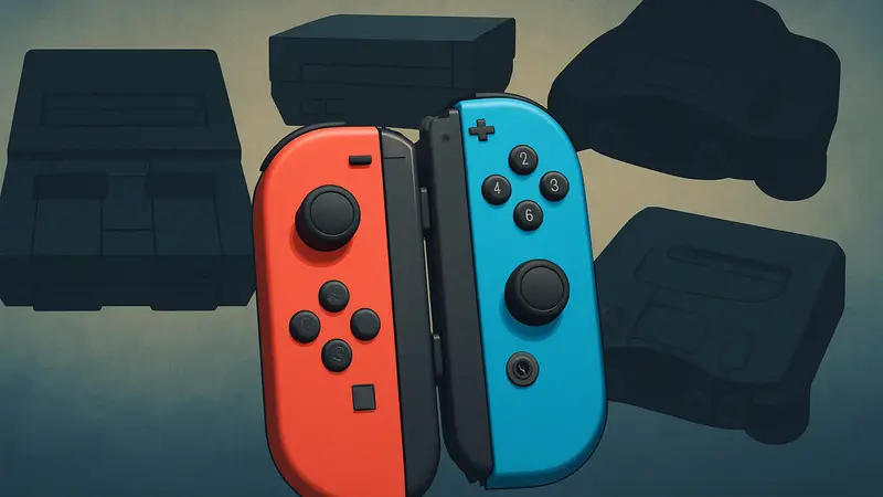 Контроллеры Nintendo Switch на фоне силуэтов классических игровых консолей.