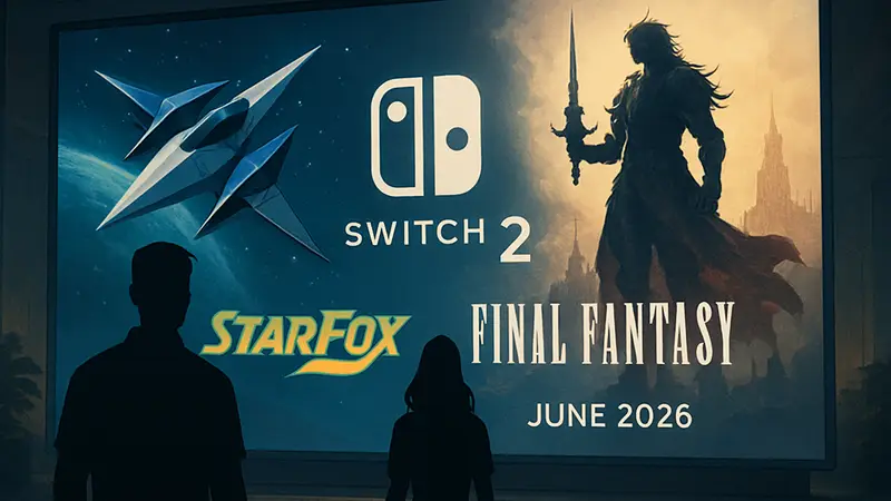Игры Star Fox и Final Fantasy на фоне логотипа Nintendo Switch 2, дата выхода июнь 2026.