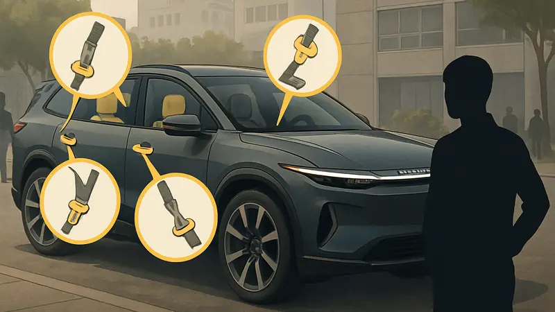 Изображение внедорожника Lucid Gravity с выделенными областями креплений ремней безопасности.