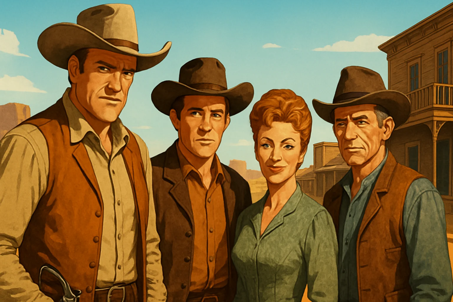 Кадр из классического вестерн-сериала «Gunsmoke» с героями в ковбойских шляпах, на фоне дикого запада.