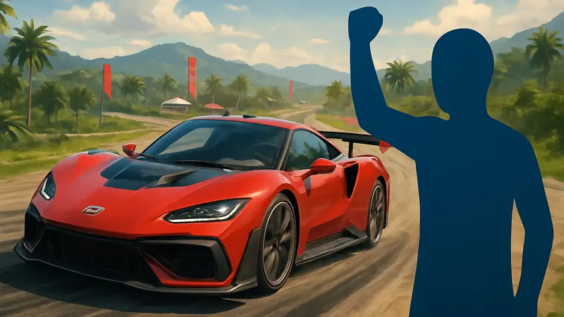 Гоночный автомобиль из Forza Horizon 6 на трассе, символизирующий лёгкий фарм.