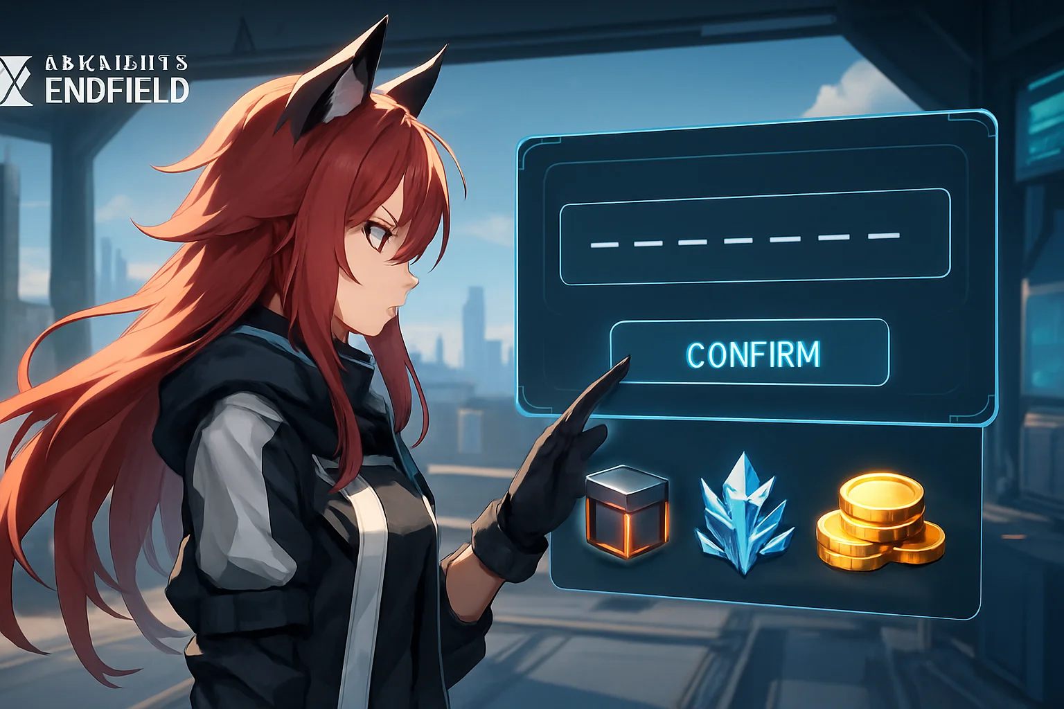 Кадр из игры Arknights: Endfield с элементами интерфейса для ввода кодов, символизирующий внутриигровые награды.