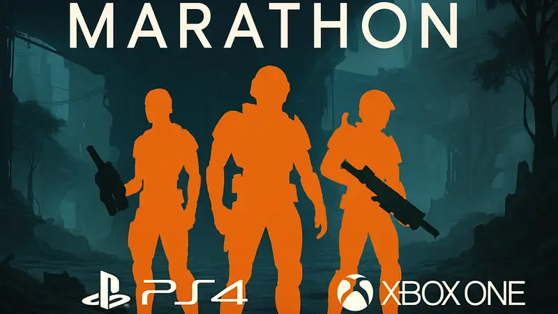 Обложка игры Marathon от Bungie с персонажами-киборгами, логотип PS4 и Xbox One