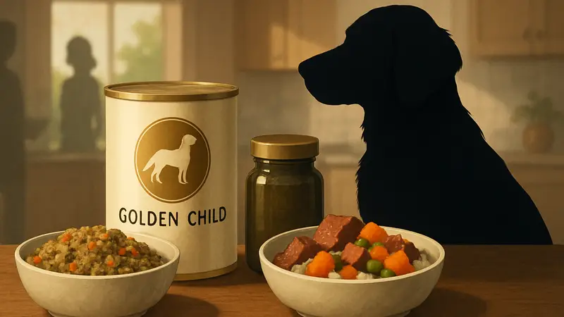 Роскошный корм для собак Golden Child, банка с «дризлом» и свежими блюдами