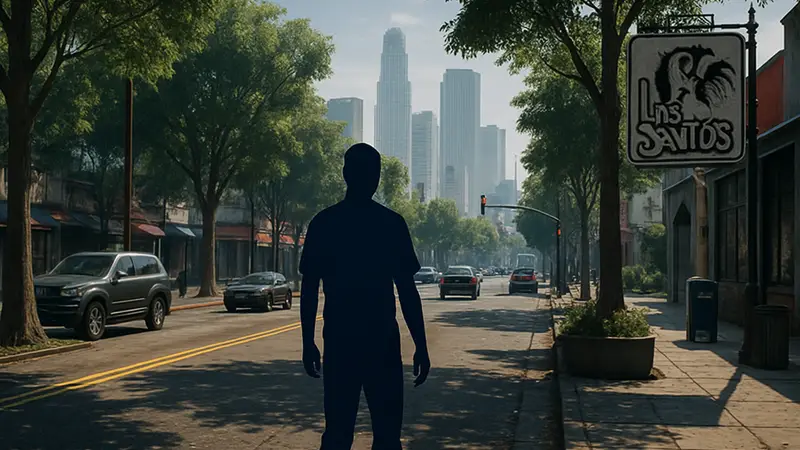 Скриншот из GTA 5 с улучшенной графикой, множеством деревьев и уличных объектов, демонстрирующий обновление 2026 года.