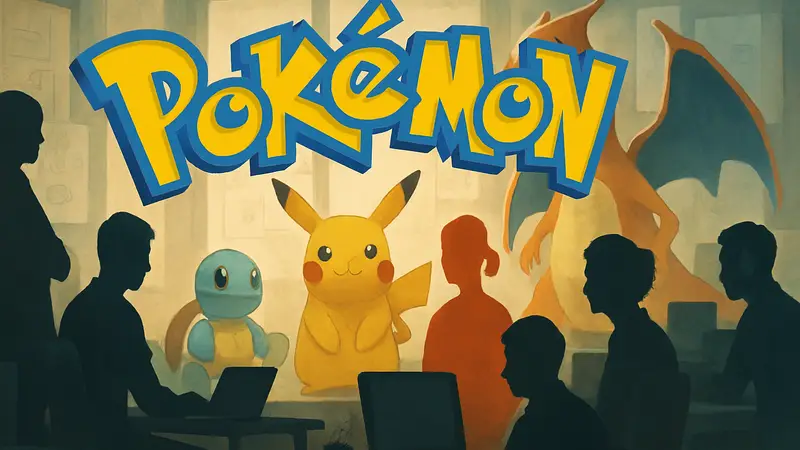 Логотип Pokémon на фоне персонажей, окруженных схематическими изображениями разработчиков игр.